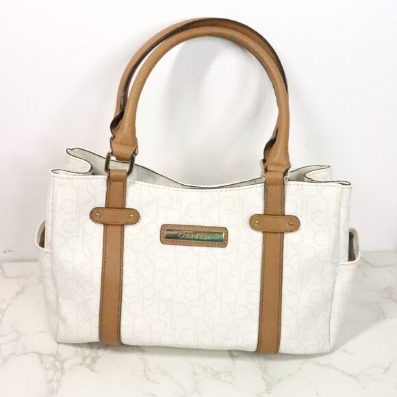 Calvin Klein Hudson White Signature Monogram Logo Pebbled Satchel Handbag Purse - Picture 1 of 9